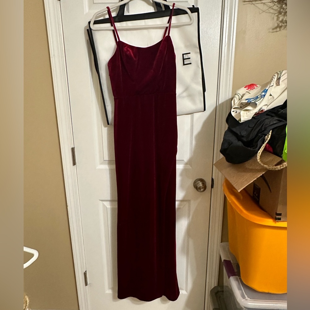 Azazie velvet spaghetti strap dress with slit. Floor length